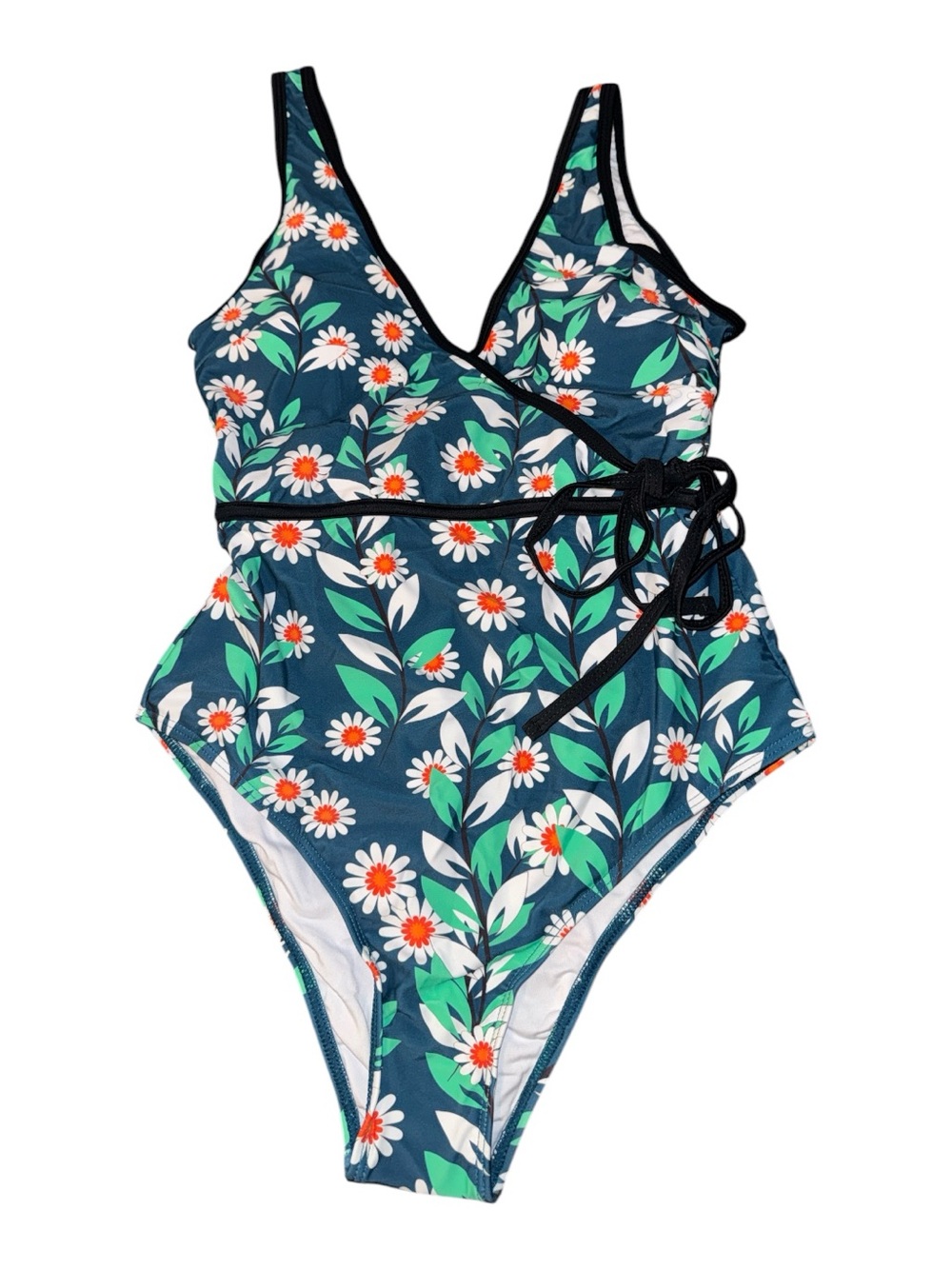 Cupshe Navy Floral One-Piece Swimsuit with Orange Daisy Accents